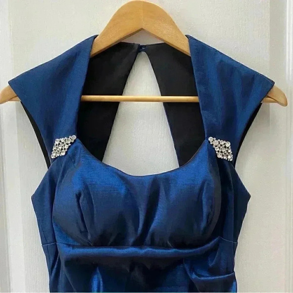 BA Nites Cocktail Party Dress Evening Bodycon Midi Ruched Blue Satin Size 4 - Picture 6 of 16